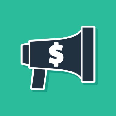 Mavi megafon ve dolar simgesi yeşil arka planda izole edildi. Yüksek sesle konuşma uyarısı. Ağızlık için megafon, terfi diye bağırıyor. Vektör İllüstrasyonu