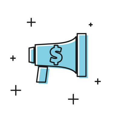 Beyaz arka planda siyah megafon ve dolar simgesi var. Yüksek sesle konuşma uyarısı. Ağızlık için megafon, terfi diye bağırıyor. Vektör İllüstrasyonu