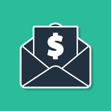 Mavi zarf sikke dolar sembol simgesi yeşil arka planda izole. Maaş artışı, para bordro, tazminat geliri. Vektör Illustration