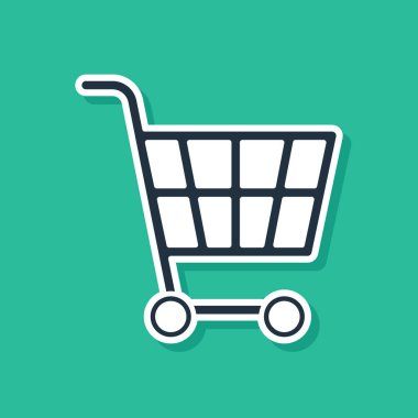 Mavi alışveriş sepeti simgesi yeşil arka planda yalıtılmış. Online satın alma kavramı. Teslimat hizmeti işareti. Süpermarket sepeti sembolü. Vektör Illustration