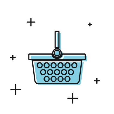 Siyah alışveriş sepeti simgesi beyaz arkaplanda izole edildi. İnternetten satın alma konsepti. Servis tabelası. Alışveriş arabası sembolü. Vektör İllüstrasyonu