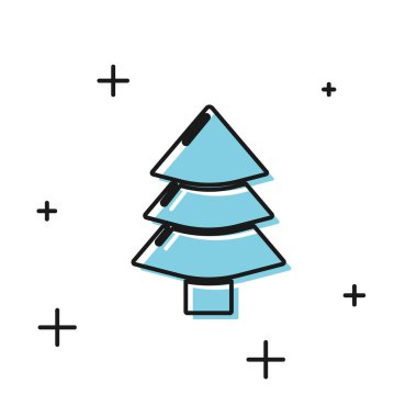 Beyaz arkaplanda siyah Noel ağacı simgesi var. Mutlu Noeller ve mutlu yıllar. Vektör İllüstrasyonu