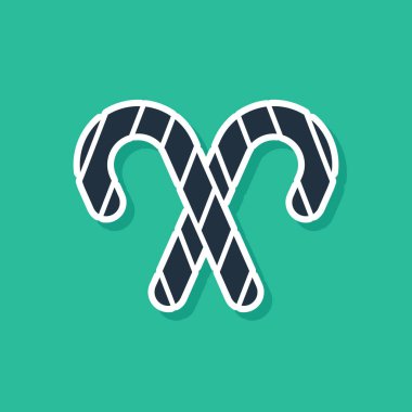 Yeşil arka planda izole edilmiş çizgili mavi Noel şekerleme çubuğu. Mutlu Noeller ve mutlu yıllar. Vektör İllüstrasyonu