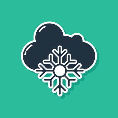 Yeşil zemin üzerinde kar ikonu olan Mavi Bulut. Kar taneli bulut. Tek hava ikonu. Kar tabelası. Vektör İllüstrasyonu
