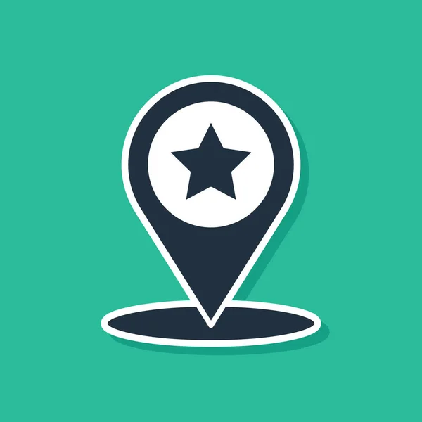 Blå karta pekare med stjärna ikon isolerad på grön bakgrund. Star favorit pin karta ikon. Kartmarkörer. Vektor Illustration — Stock vektor