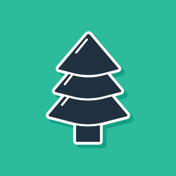 緑の背景に隔離された青いクリスマスツリーのアイコン。メリークリスマスとハッピーニューイヤー。ベクターイラスト — ストックベクタ
