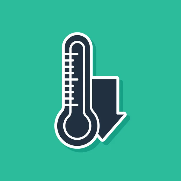 Termómetro de meteorología azul que mide el icono aislado sobre fondo verde. Equipo de termómetro que muestra clima caliente o frío. Ilustración vectorial — Archivo Imágenes Vectoriales