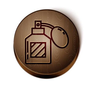 Kahverengi çizgi tıraş losyonu ikonu beyaz arkaplanda izole edilmiş. Parfüm spreyi ikonu. Erkek parfüm şişesi. Tahta daire düğmesi. Vektör İllüstrasyonu