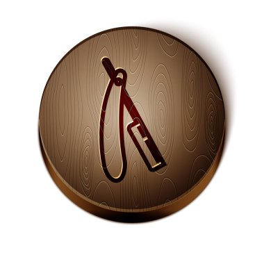 Beyaz arkaplanda kahverengi çizgili düz jilet simgesi var. Berber dükkanı sembolü. Tahta daire düğmesi. Vektör İllüstrasyonu