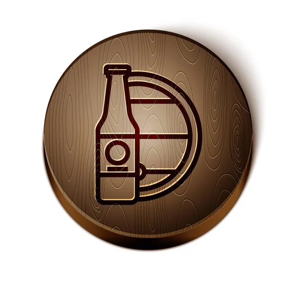 Linea Brown Bottiglia di birra e icona a botte in legno isolata su sfondo bianco. Pulsante cerchio in legno. Illustrazione vettoriale — Vettoriale Stock