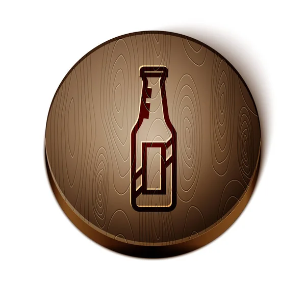 Brown line Beer bottle icon isolated on white background. Wooden circle button. Vector Illustration — Stock Vector