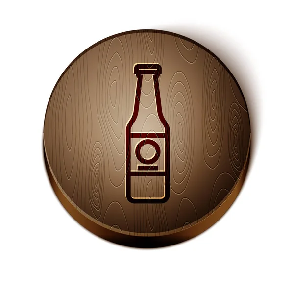 Linea marrone Icona bottiglia di birra isolata su sfondo bianco. Pulsante cerchio in legno. Illustrazione vettoriale — Vettoriale Stock