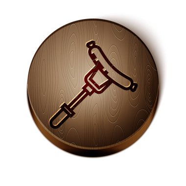 Çatal simgesindeki kahverengi çizgili sosis beyaz arka planda izole edilmiş. Izgara sosis ve aroma işareti. Tahta daire düğmesi. Vektör İllüstrasyonu