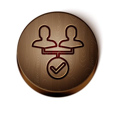 Kahverengi çizgi proje ekip taban simgesi beyaz arkaplanda izole edildi. İş analizi ve planlama, danışmanlık, takım çalışması, proje yönetimi. Tahta daire düğmesi. Vektör İllüstrasyonu