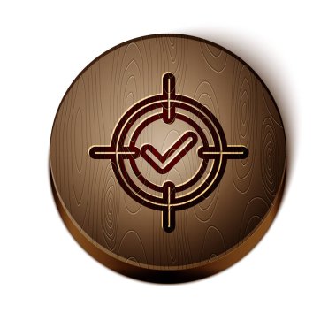 Kahverengi çizgi hedef ve işaretleme simgesi beyaz arkaplanda izole edildi. Dart tahtası işareti. Okçuluk tahtası simgesi. Dartboard işareti. İş hedefi kavramı. Tahta daire düğmesi. Vektör İllüstrasyonu