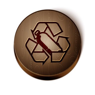 Kahverengi çizgi geri dönüşüm plastik şişe simgesi beyaz arka planda izole. Tahta daire düğmesi. Vektör İllüstrasyonu