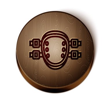 Kahverengi çizgi dizlik simgesi beyaz arkaplanda izole edildi. Olağanüstü bir spor. Spor malzemeleri. Kaykay, bisiklet, paten kayma koruyucu giysi. Tahta daire düğmesi. Vektör İllüstrasyonu