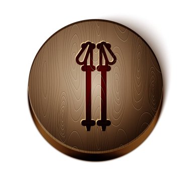 Kahverengi çizgi kayak direkleri simgesi beyaz arkaplanda izole edildi. Olağanüstü bir spor. Kayak ekipmanları. Kış sporları ikonu. Tahta daire düğmesi. Vektör İllüstrasyonu