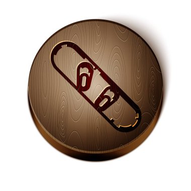 Kahverengi çizgi Snowboard simgesi beyaz arkaplanda izole edildi. Snowboard tahtası ikonu. Olağanüstü bir spor. Spor malzemeleri. Tahta daire düğmesi. Vektör İllüstrasyonu