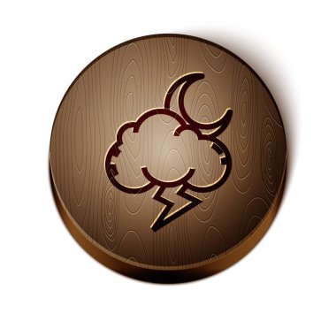 Kahverengi çizgi Storm simgesi beyaz arkaplanda izole edildi. Şimşek ve ay işareti olan bir bulut. Fırtınanın hava durumu ikonu. Tahta daire düğmesi. Vektör İllüstrasyonu