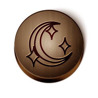 Kahverengi çizgi Ay ve yıldız simgesi beyaz arkaplanda izole edildi. Tahta daire düğmesi. Vektör İllüstrasyonu