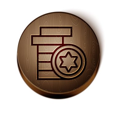 Kahverengi çizgi Yahudi madeni para simgesi beyaz arka planda izole edildi. Para birimi sembolü. Tahta daire düğmesi. Vektör İllüstrasyonu