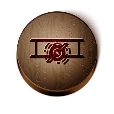 Kahverengi çizgi Eski antika uçak simgesi beyaz arkaplanda izole edildi. Uçan uçak ikonu. Uçak tabelası. Tahta daire düğmesi. Vektör İllüstrasyonu