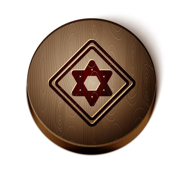Línea marrón Estrella de David icono aislado sobre fondo blanco. Símbolo religioso judío. Símbolo de Israel. Botón círculo de madera. Ilustración vectorial — Vector de stock