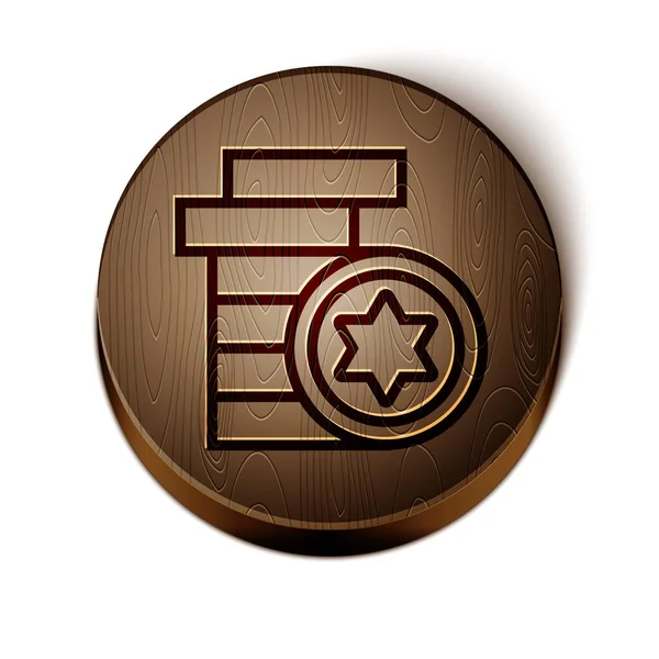 Kahverengi çizgi Yahudi madeni para simgesi beyaz arka planda izole edildi. Para birimi sembolü. Tahta daire düğmesi. Vektör İllüstrasyonu