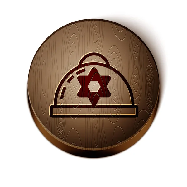 Kippah judío de línea marrón con estrella de David icono aislado sobre fondo blanco. Sombrero judío yarmulke. Botón círculo de madera. Ilustración vectorial — Vector de stock