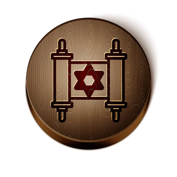 Brown γραμμή Torah scroll εικονίδιο απομονώνονται σε λευκό φόντο. Εβραϊκή Τορά σε εκτεταμένη μορφή. Το αστέρι του Δαβίδ. Παλιός περγαμηνός. Κουμπί από ξύλο. Εικονογράφηση διανύσματος — Διανυσματικό Αρχείο