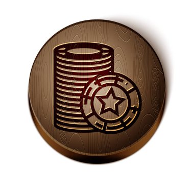 Kahverengi çizgi kumarhane çipleri simgesi beyaz arka planda izole edildi. Kumarhane kumarı. Tahta daire düğmesi. Vektör İllüstrasyonu