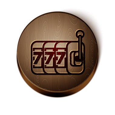 Kahverengi çizgili kumar makinesi beyaz arka planda izole edilmiş şanslı yedili büyük ikramiye ikonu. Tahta daire düğmesi. Vektör İllüstrasyonu