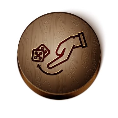 Kahverengi çizgi İnsan el yapımı zar atma ikonu beyaz arka planda izole edilmiş. Tahta daire düğmesi. Vektör İllüstrasyonu