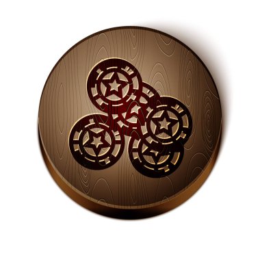 Kahverengi çizgi kumarhane çipleri simgesi beyaz arka planda izole edildi. Kumarhane kumarı. Tahta daire düğmesi. Vektör İllüstrasyonu