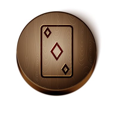 Kahverengi çizgi üzerinde beyaz arkaplanda elmas sembolü simgesi olan oyun kartı. Kumarhane kumarı. Tahta daire düğmesi. Vektör İllüstrasyonu