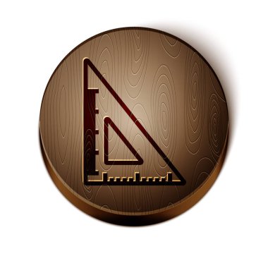 Kahverengi çizgi üçgen cetvel simgesi beyaz arkaplanda izole edildi. Düz sembol. Geometrik sembol. Tahta daire düğmesi. Vektör İllüstrasyonu