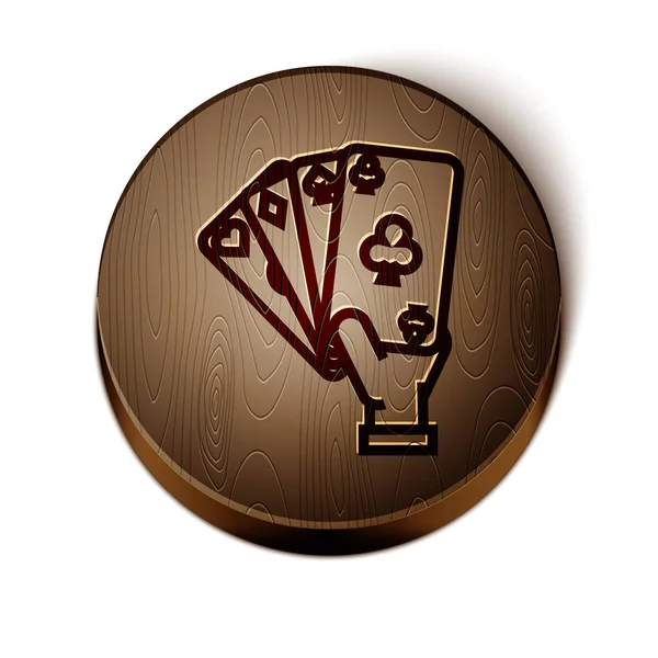 Brown line Hand holding playing cards icon isolated on white background. Casino game design. Wooden circle button. Vector Illustration — Stock Vector