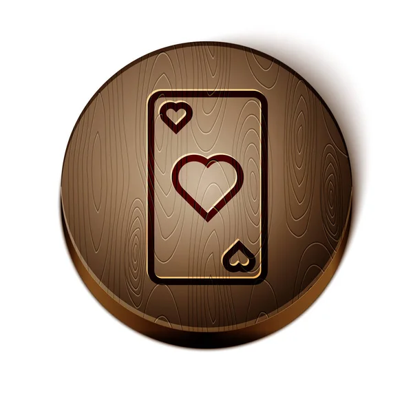 Brown line Playing card with heart symbol icon isolated on white background. Casino gambling. Wooden circle button. Vector Illustration — Stock Vector