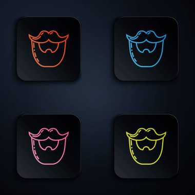 Renkli neon çizgili bıyık ve sakal simgesi beyaz arkaplanda izole edilmiş. Berber dükkanı sembolü. Yüz kılı stili. Renkli kare düğmelere simgeleri yerleştir. Vektör İllüstrasyonu