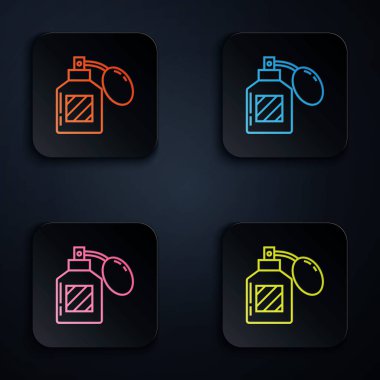 Renkli neon çizgisi tıraş losyonu ikonu beyaz arkaplanda izole edildi. Parfüm spreyi ikonu. Erkek parfüm şişesi. Renkli kare düğmelere simgeleri yerleştir. Vektör İllüstrasyonu