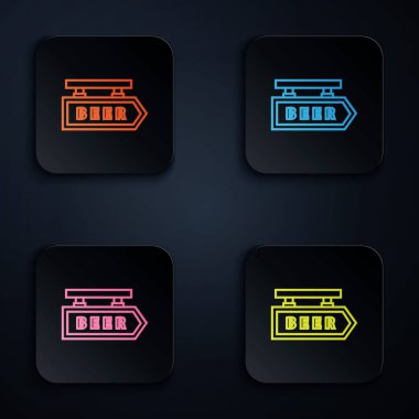 Beyaz arkaplanda yazı karakteri olan renkli neon çizgi sokak tabelası. Reklamlar için uygun bar, kafe, bar, restoran. Renkli kare düğmelere simgeleri yerleştir. Vektör İllüstrasyonu