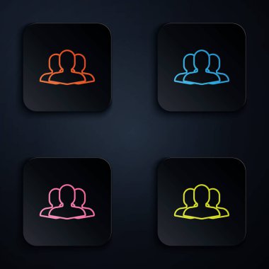 Siyah arkaplanda renkli neon çizgisi kullanıcı grubu simgesi. Bir grup insan ikonu. İş simgesi kullanıcı profili simgesi simgesi. Renkli kare düğmelere simgeleri yerleştir. Vektör İllüstrasyonu