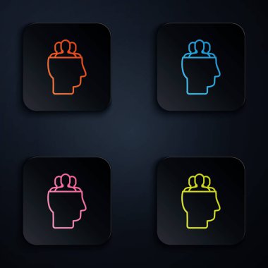 Siyah arkaplanda renkli neon çizgisi Proje taban simgesi. İş analizi ve planlama, danışmanlık, takım çalışması, proje yönetimi. Renkli kare düğmelere simgeleri yerleştir. Vektör İllüstrasyonu