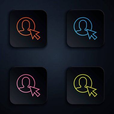 Renkli neon çizgisi. Siyah arka planda iş elbisesi giymiş adam kullanıcısı simgesi. İş simgesi - kullanıcı profili simgesi. Erkek kullanıcı işareti. Renkli kare düğmelere simgeleri yerleştir. Vektör İllüstrasyonu