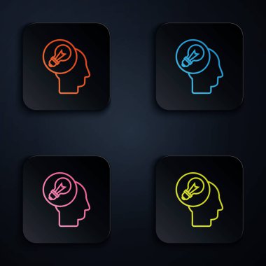 Siyah arkaplanda lamba ikonu olan neon renkli insan kafası. Renkli kare düğmelere simgeleri yerleştir. Vektör İllüstrasyonu