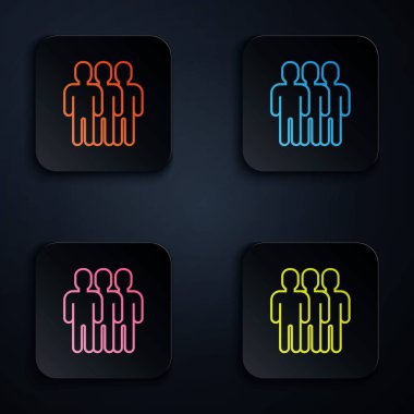 Siyah arkaplanda renkli neon çizgisi kullanıcı grubu simgesi. Bir grup insan ikonu. İş simgesi - kullanıcı profili simgesi. Renkli kare düğmelere simgeleri yerleştir. Vektör İllüstrasyonu