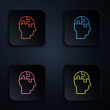 Renkli neon hattı insan kafası siyah arka planda strateji simgesini şaşırtıyor. Beyin işaretini düşünüyorum. Beynin sembol çalışması. Renkli kare düğmelere simgeleri yerleştir. Vektör İllüstrasyonu