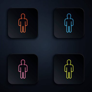 Renkli neon çizgisi. Siyah arka planda iş elbisesi giymiş adam kullanıcısı simgesi. İş simgesi kullanıcı profili simgesi simgesi. Erkek kullanıcı işareti. Renkli kare düğmelere simgeleri yerleştir. Vektör İllüstrasyonu
