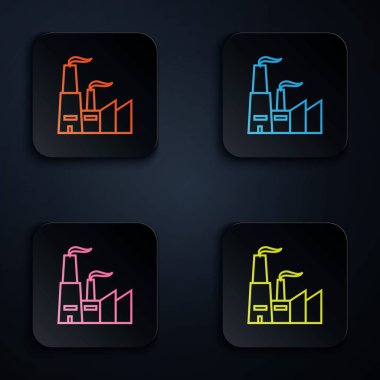 Renkli neon çizgisi Fabrika simgesi siyah arkaplanda izole edildi. Endüstriyel bina. Renkli kare düğmelere simgeleri yerleştir. Vektör İllüstrasyonu